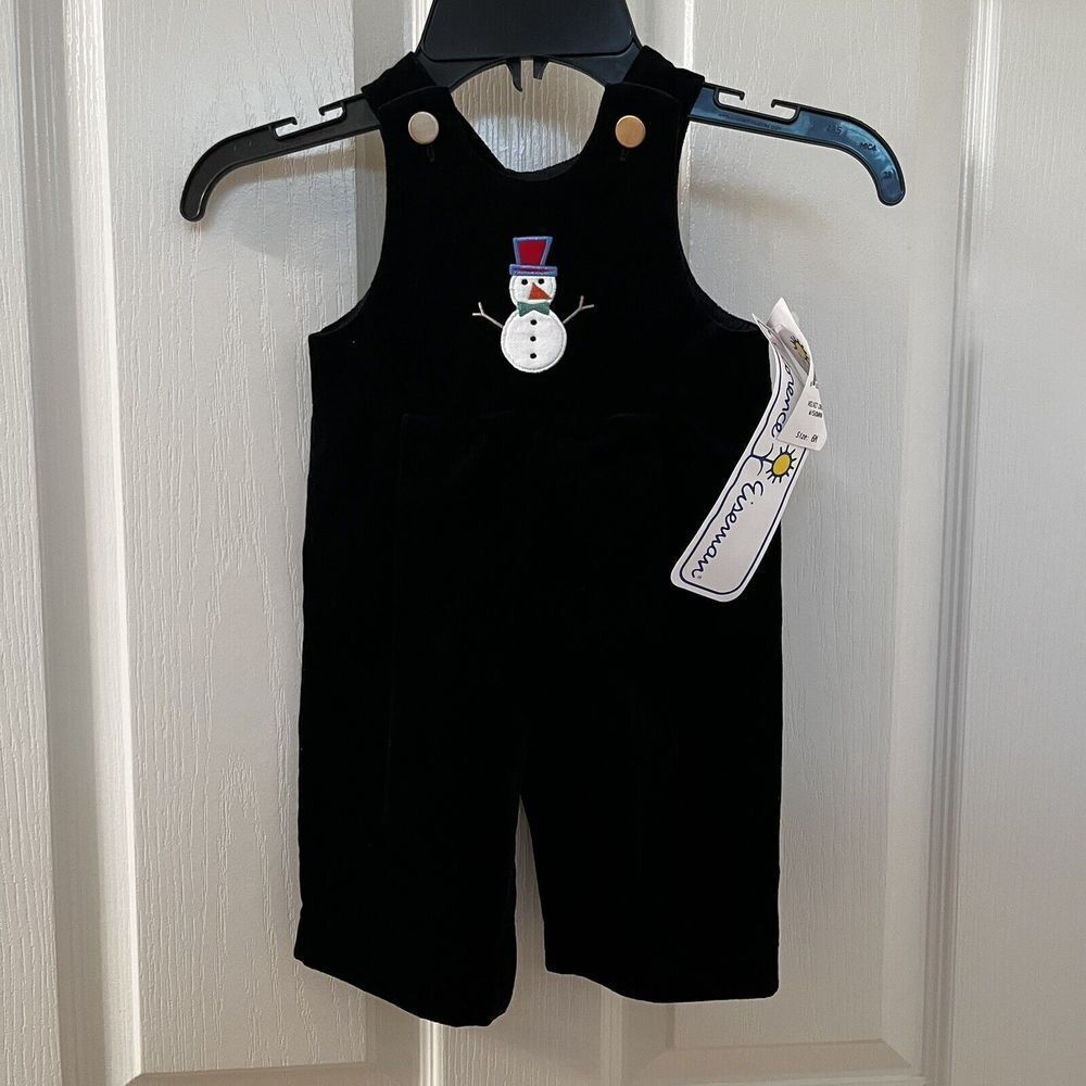Florence Eiseman Black Velvet Snowman Longall Overalls Romper Boys 6 Months NWT